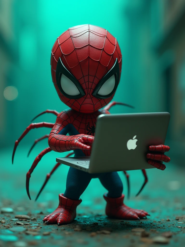 cute scary super spiderman with MacBook, full body ultra-realistic, cinematic lights, details, blurred elements around, green and blue gradient colors, 8k