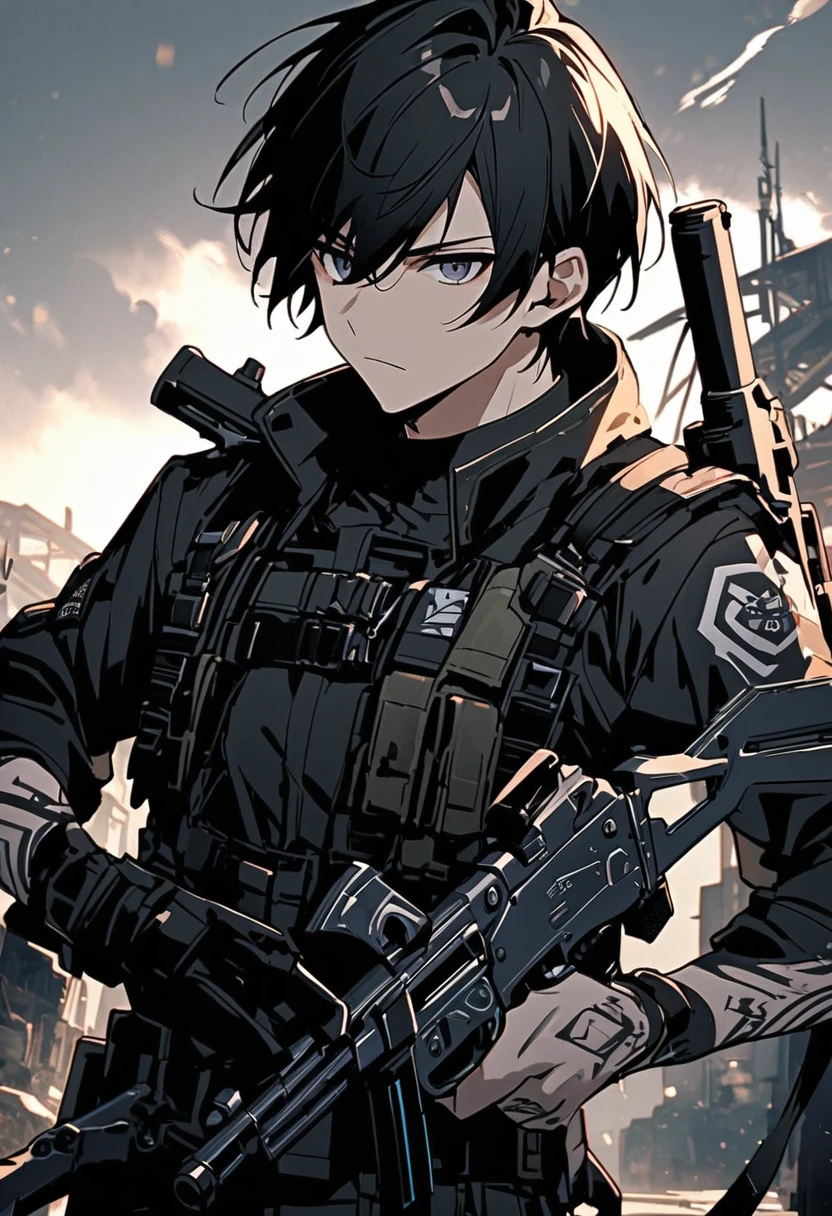 One Man aldult 男らShii Fair skin Black Hair Rin々Shii Handsome cool Black clothing Short Hair cool Expressionless Firearms