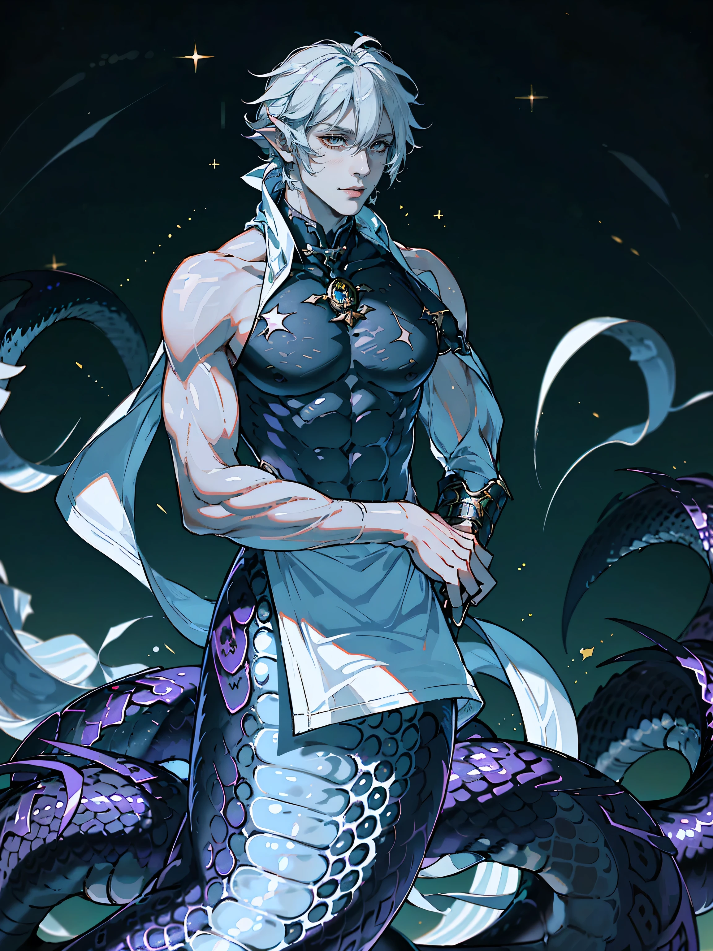 "A full-body portrait of Serpenth, a character with the upper body of a tall, muscular man and the lower body of a powerful serpent. He has silvery skin with a faint glow, white hair that flows down his back, and deep violet eyes flecked with silver. His serpent tail is covered in iridescent scales that shift from silver to deep indigo. Serpenth wears a dark, sleeveless tunic embroidered with silver constellations, leather bracers inscribed with ancient runes, and a crescent moon pendant around his neck. He holds a moonstone staff surrounded by a faint aura of lunar magic. The background features a mystical forest bathed in the light of twin moons."