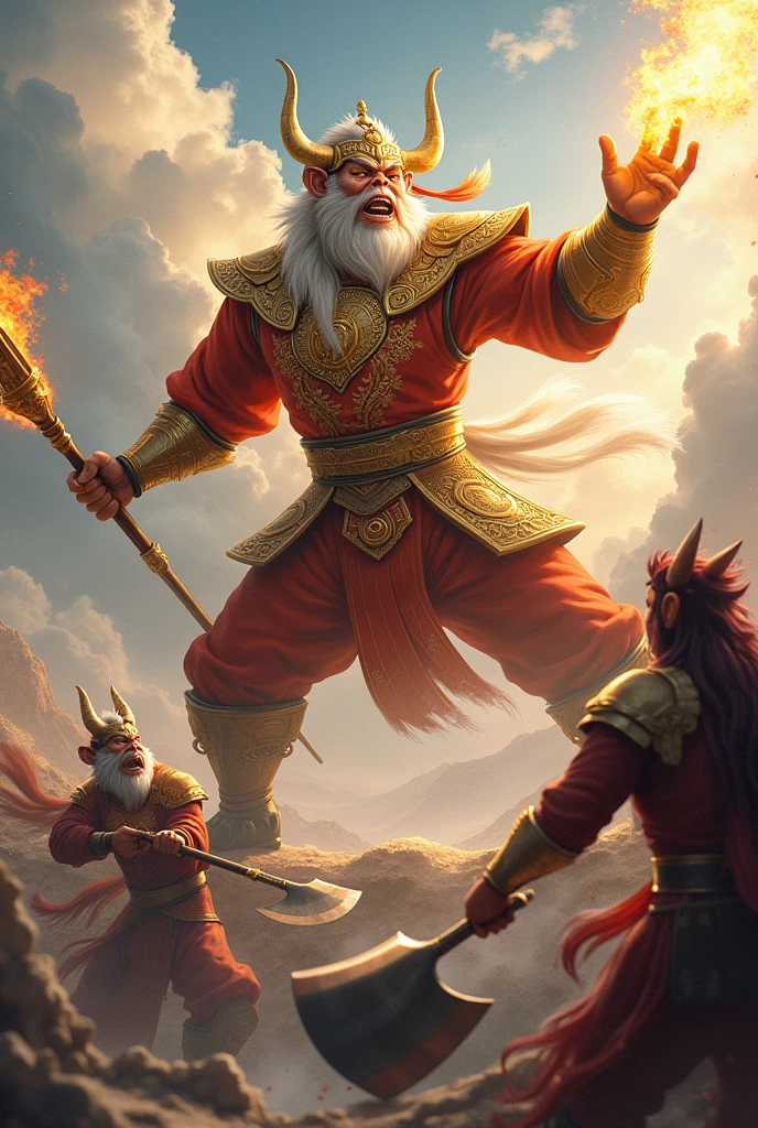 The style is Chinese style,Center of screen,Black Myth: Wukong in Golden Armor,Holding a golden hoop rod,Stand above the clouds,Eyes widened,Facing Red Boy and Bull Demon King below with great momentum,Red Boy holding a flame gun,The Bull Demon King swung his giant axe,Both of them showed expressions of struggle and resistance.,The background is a sky full of auspicious clouds,Mountains undulating in the distance,Create an intense battle scene,Medium shot