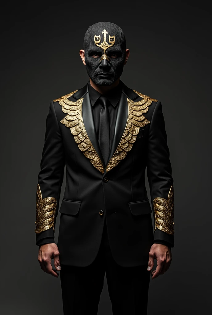A full-body image of a man wearing a black suit, a tie and a black mask. The mask has a golden scale symbol printed on it. The suit also features a large golden scale design that starts at the beginning of the stomach area and extends outward. The scale’s plates stretch across his arms, reaching almost to the ends of the sleeves,
