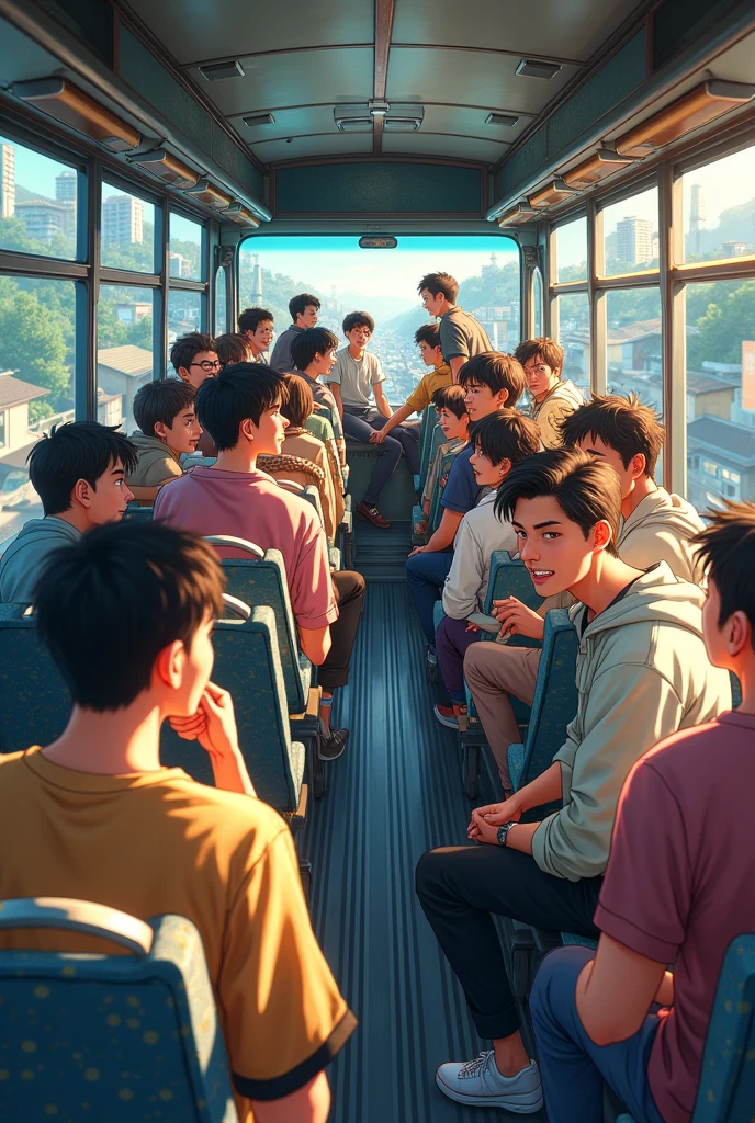 　Tourist bus seats　many people　Japan Bus　　Boys in their 20s group　Gay