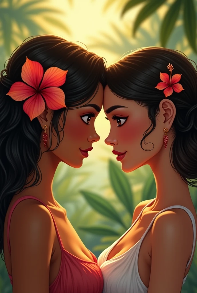 a women with brown skin and a hibiscus flower in her hair putting a hibiscus flower in her friends hair