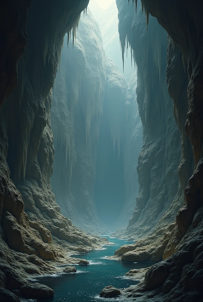 create a scene inside a large cave with no view to the outside, no people in the image