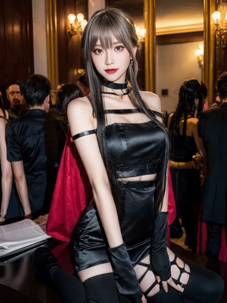 (Highest quality, 4K, masterpiece :1.3), Beautiful woman, Surreal, 1 person,),Ajolf, Side Lock,Short hair and long straight hair, Gold Hair Band, Gold earrings, Gold Hair Ornament, Big Breasts, Exposing shoulders, Black Dress, Double-sided dress with red rose cape, choker, Thigh-high boots, , Fingerless gloves, Thigh-high boots,Slender beauty, (Huge breasts, Attractive body :1.2), Abdominal exercises :1.1, Long black hair 1.1, Highly detailed face, Lip details, Beautiful Eyes, double eyelid, Sexy low neck dress, Open neckline, Twisting waist pose, Visible curves,Muscular, Bent legs, Yugal, masterpiece, Highest quality, High resolution, aaYugalf,Cowboy Shot, Are standing, Looking at the audience, Outdoor, night, (Perfect Anatomy:1.Big Ass, jewelry, Off the shoulder, Black Pantyhose, Cute Smile, Beautiful and bright lighting, Beautiful breasts,Place your hands behind your back,