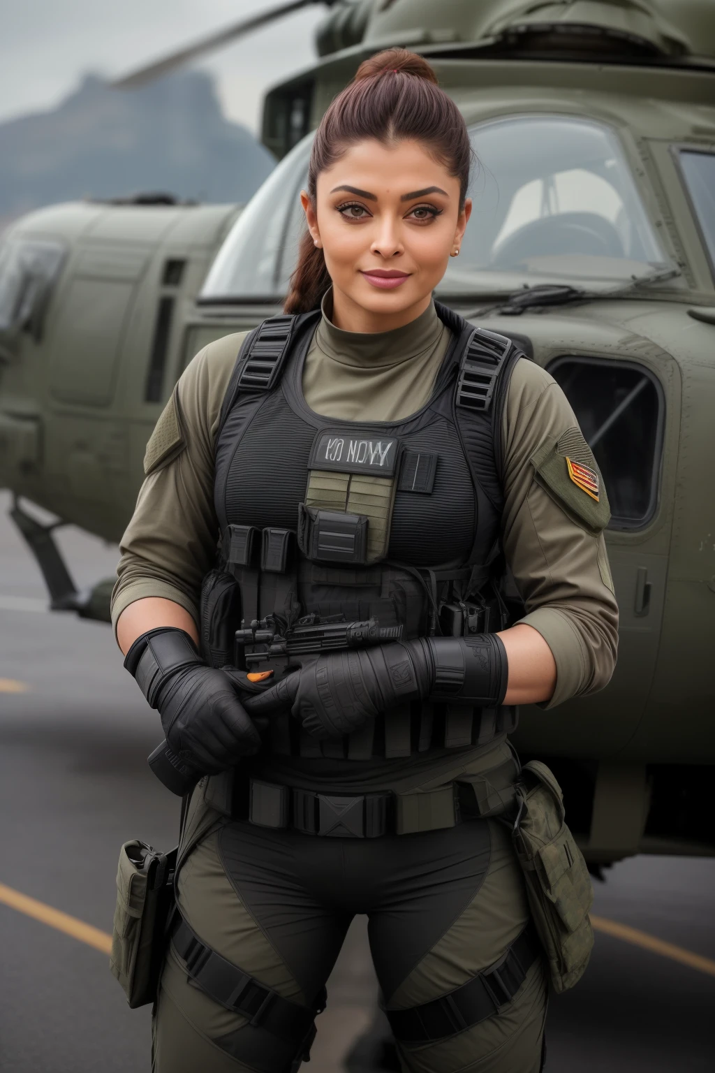 Full body photo of 50YO MATURE MILF AISHWARYA RAI as STRICT ARMY COMMANDO, ((BLACK COMMANDO GEAR, COMBAT BOOTS, COMBAT GLOVES, KNEEPADS)), CAMO PLATE CARRIER RIG, intricate details, POSING next to army helicopter, ((FLIRTATIOUS MOCKING SMILE)), ((PONYTAIL HAIR)), day scene, mature hourglass figure, look straight at camera, sexy 50 yo mature MILF, soft volumetric lights, intricate details, (ArtStation:1.2)