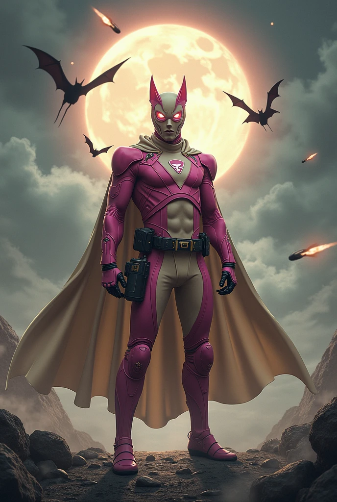 high-tech suit, vivid effects, malaysian superhero (KELUANG MAN) in a striking pink and beige costume cyberpunk design, mask small mini bat ear beige, daredevil biage mask, jumpsuit dark pink stands confidently in a dramatic, stormy landscape. ((Head covered node guard like batman , athletic body type, small mini ear bat mask))The character wears domino mask a helmet with pointed mini torn ears and a flowing cape biege, open nose and mouth. Equipped with visible futuristic weapons on a belt,bullet proof jacket pink dark day, dark night, big supermoon effect .logo on chest triangle shape small punisher logo center triangle cyber logo center on chest pink logo mini logo . rocky. Building top.smoke ground , bomb effect background, adding to --ar 3:4 --style raw --stylize 500 --v 6.1. chaos. Lot of small flying bat .