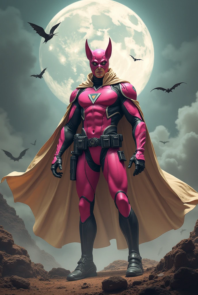 high-tech suit, vivid effects, malaysian superhero (KELUANG MAN) in a striking pink and beige costume cyberpunk design, mask small mini bat ear beige, daredevil biage mask, jumpsuit dark pink stands confidently in a dramatic, stormy landscape. ((Head covered node guard like batman , athletic body type, small mini ear bat mask))The character wears domino mask a helmet with pointed mini torn ears and a flowing cape biege, open nose and mouth. Equipped with visible futuristic weapons on a belt,bullet proof jacket pink dark day, dark night, big supermoon effect .logo on chest triangle shape small punisher logo center triangle cyber logo center on chest pink logo mini logo . rocky. Building top.smoke ground , bomb effect background, adding to --ar 3:4 --style raw --stylize 500 --v 6.1. chaos. Lot of small flying bat .