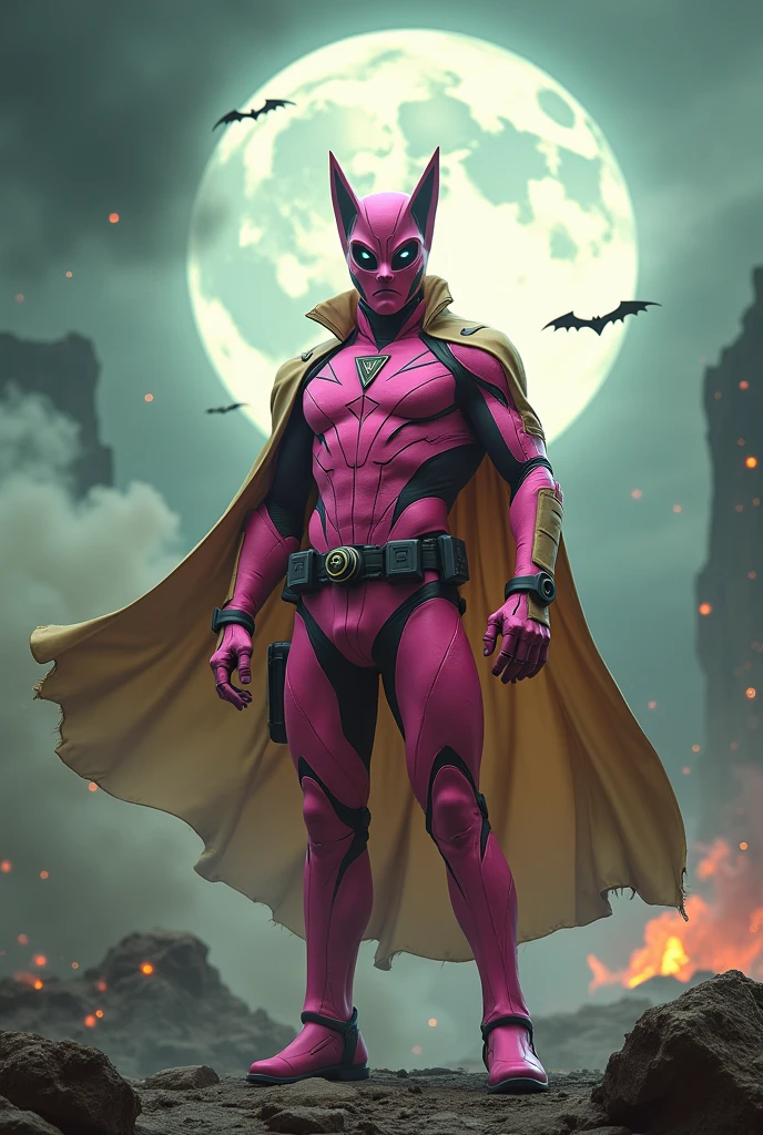 high-tech suit, vivid effects, malaysian superhero (KELUANG MAN) in a striking pink and beige costume cyberpunk design, mask small mini bat ear beige, daredevil biage mask, jumpsuit dark pink stands confidently in a dramatic, stormy landscape. ((Head covered node guard like batman , athletic body type, small mini ear bat mask))The character wears domino mask a helmet with pointed mini torn ears and a flowing cape biege, open nose and mouth. Equipped with visible futuristic weapons on a belt,bullet proof jacket pink dark day, dark night, big supermoon effect .logo on chest triangle shape small punisher logo center triangle cyber logo center on chest pink logo mini logo . rocky. Building top.smoke ground , bomb effect background, adding to --ar 3:4 --style raw --stylize 500 --v 6.1. chaos. Lot of small flying bat .