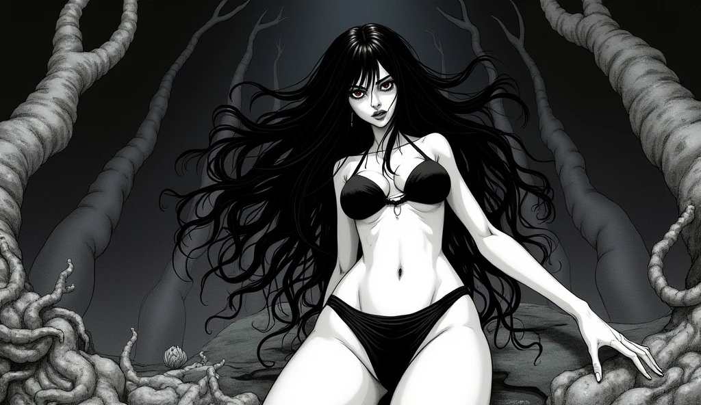 A black and white manga-style illustration reminiscent of Junji Ito's horror works. The scene features a young, sexy woman with a frightening presence AND SENSUAL but attractive BIKINI CLOTHES. She has long, flowing dark hair AND BIG BREASTS that subtly merge with shadowy locks crawling around her. Her eyes are wide, intense and strangely captivating, conveying beauty and an unsettling sense of dread. His facial expression is enigmatic, suggesting something sinister beneath his outward allure. The background is dark and atmospheric, with detailed textures including organic shapes and surreal, twisted elements. The overall tone should be gothic, mysterious and full of unnerving tension, while remaining true to the horror essence that defines Junji Ito's style.BIKINI SENSUAL.