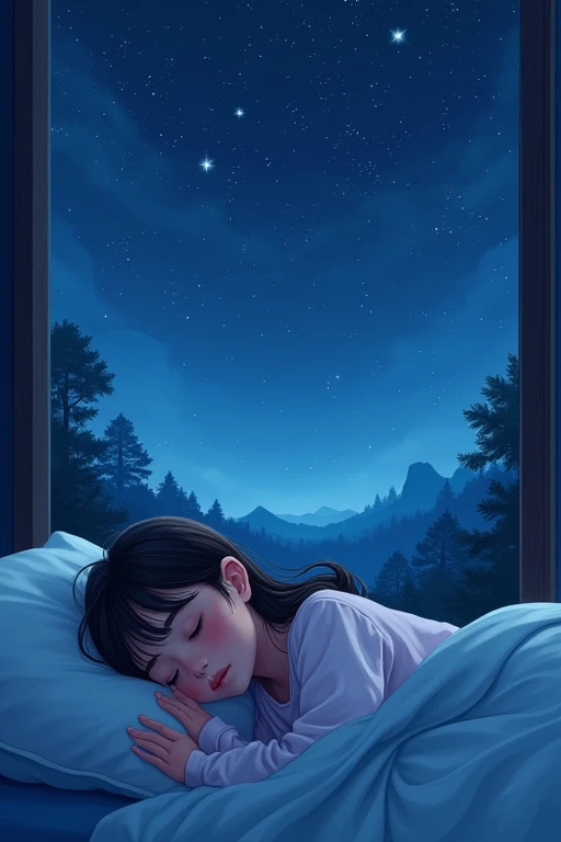 Bed, sleeping girl, pajamas, dark night, closed eyes ,side ,landscape, midnight, lying down girl ,starry sky,midnight sky,green ,REALITY