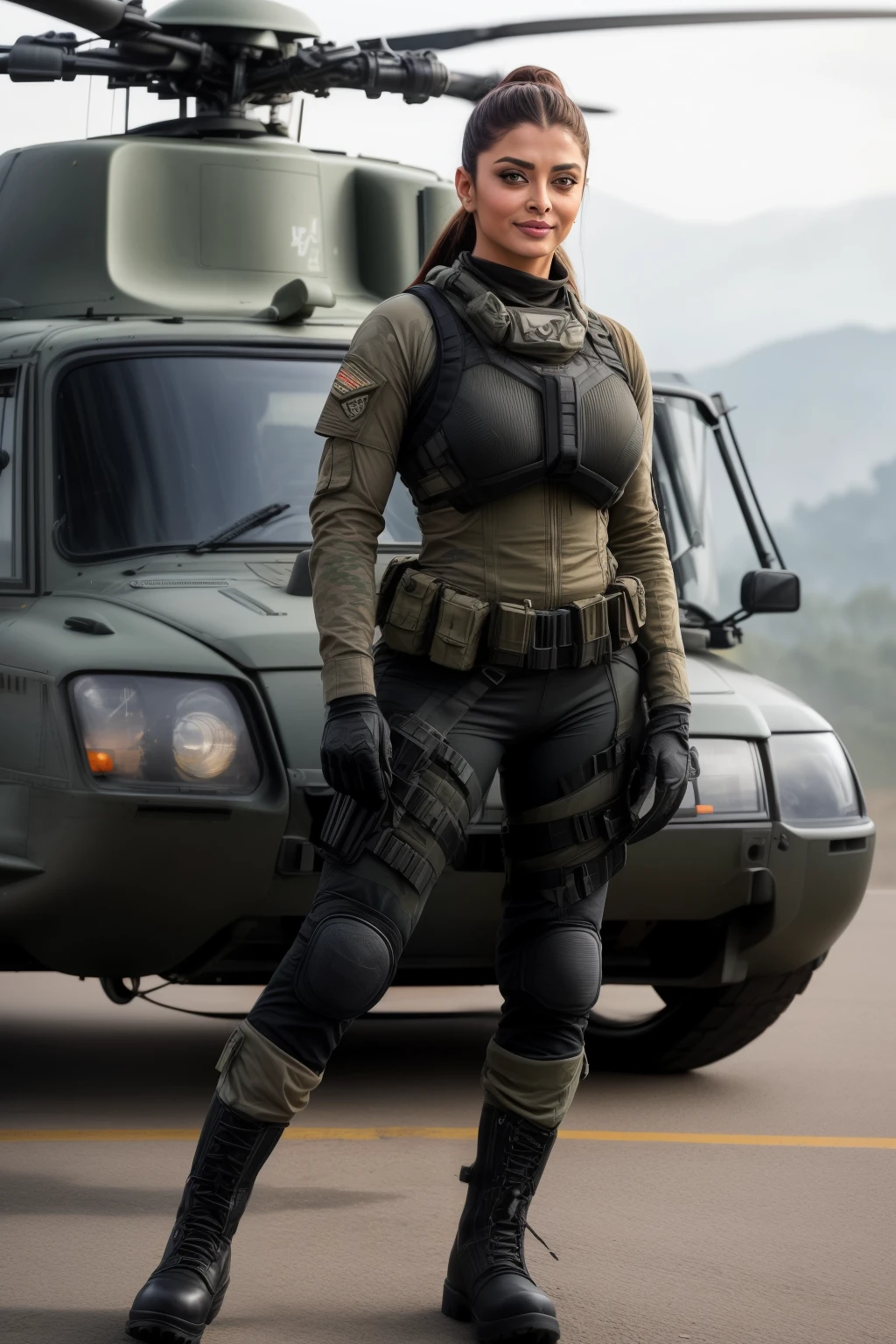 Full body photo of 50YO MATURE MILF AISHWARYA RAI as STRICT ARMY COMMANDO, ((BLACK COMMANDO GEAR, COMBAT BOOTS, COMBAT GLOVES, KNEEPADS)), CAMO PLATE CARRIER RIG, intricate details, POSING next to army helicopter, ((FLIRTATIOUS MOCKING SMILE)), ((PONYTAIL HAIR)), day scene, mature hourglass figure, look straight at camera, sexy 50 yo mature MILF, soft volumetric lights, intricate details, (ArtStation:1.2)