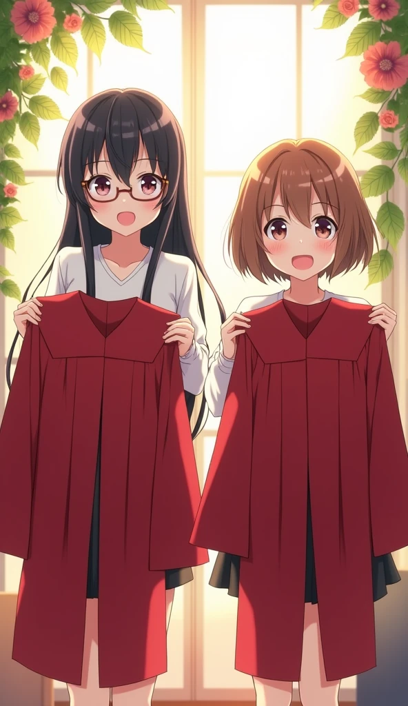 Anime images"Two girls are standing in a student dormitory. The room is brightly lit by the light from the window. The background is decorated with beautifully arranged leaves and flowers, adding to the bright and lovely atmosphere. The first girl has long, shiny black hair, neatly tied up with bangs, and wears round glasses, a white shirt, and a black skirt. The second girl has short, brown hair, no bangs, and no glasses. The two are talking and laughing happily, while holding a red long-sleeved graduation gown in each hand, showing excitement and happiness in preparing for the special day."