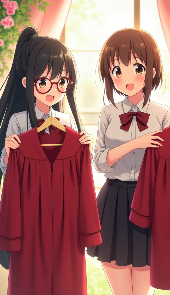 Anime images"Two girls are standing in a student dormitory. The room is brightly lit by the light from the window. The background is decorated with beautifully arranged leaves and flowers, adding to the bright and lovely atmosphere. The first girl has long, shiny black hair, neatly tied up with bangs, and wears round glasses, a white shirt, and a black skirt. The second girl has short, brown hair, no bangs, and no glasses. The two are talking and laughing happily, while holding a red long-sleeved graduation gown in each hand, showing excitement and happiness in preparing for the special day."