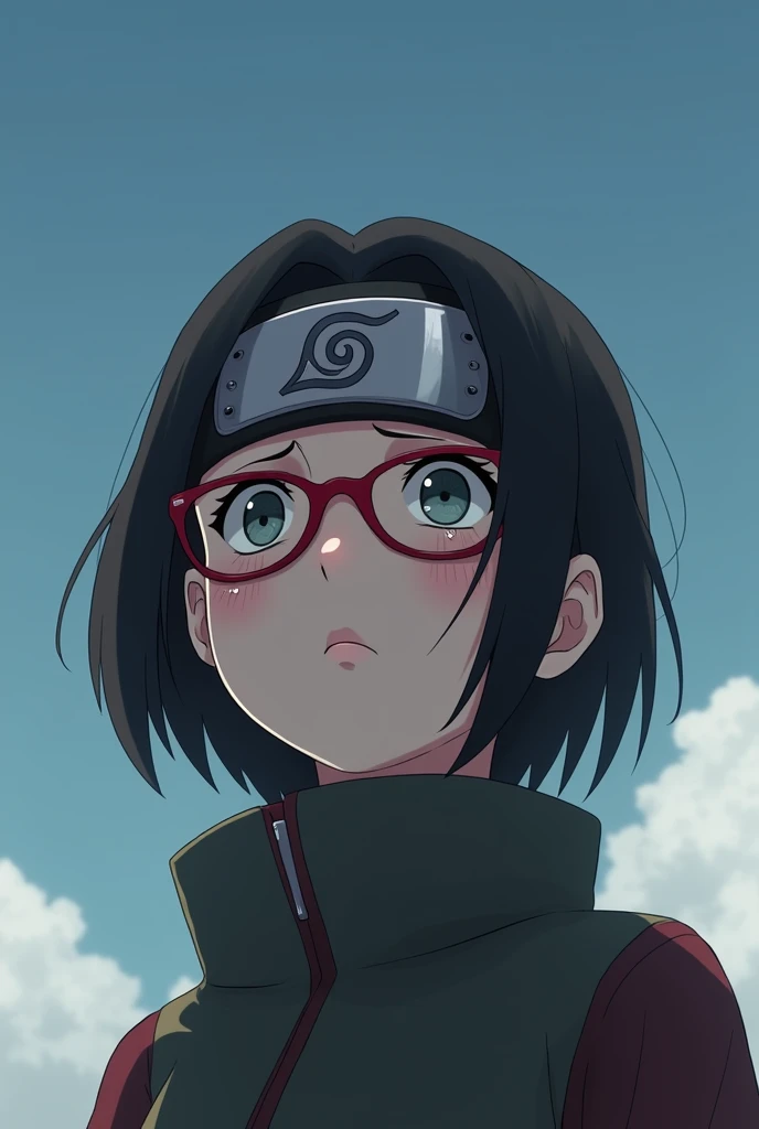 Sarada (a female character from boruto who has a shot hair neck, wear headband konoha ninja on her forehead, and using a red glasses) looking up to the sky while shedding tears (make the draw with 1:1 rasio)