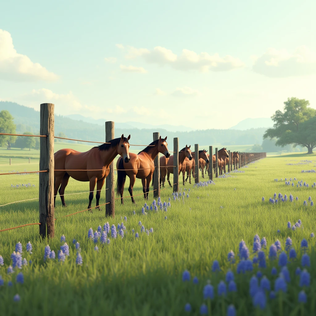 an unbroken pasture fence with no more than 3 horses behind the fence.  the landscape will be low rolling grass fields with patches of bluebonnetts. 32k, 