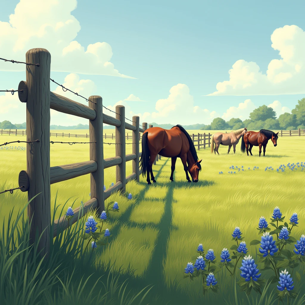 an unbroken pasture fence with no more than 3 horses behind the fence.  the landscape will be low rolling grass fields with patches of bluebonnetts. 32k, 