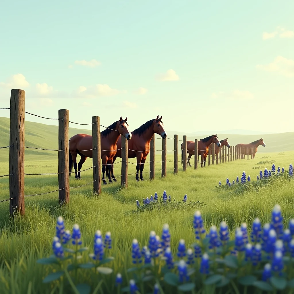 an unbroken pasture fence with no more than 3 horses behind the fence.  the landscape will be low rolling grass fields with patches of bluebonnetts. 32k, 