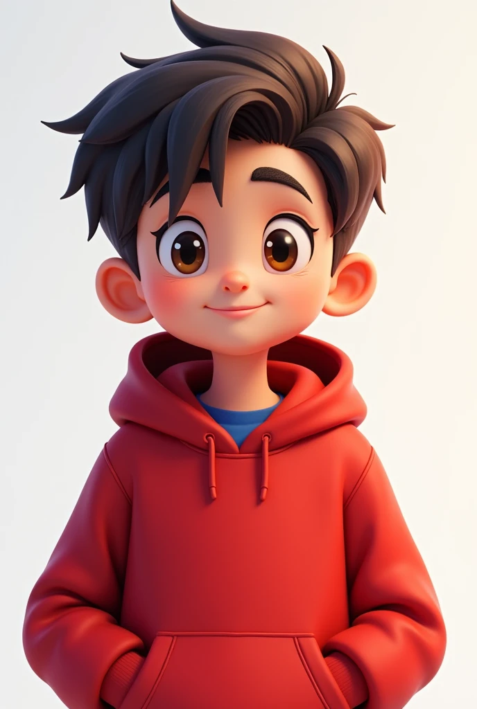 Create a high-resolution emote featuring a young person shown from the waist up, wearing a red hoodie. The character should have a friendly and expressive face, with a slight smile or smirk, and be in a slightly exaggerated, cartoonish style suitable for an emote. The colors should be bold and vibrant, with the red hoodie being the focal point. The emote should have a clean and polished look, optimized for small sizes while maintaining detail, making it perfect for use on the streaming platform Kick."
