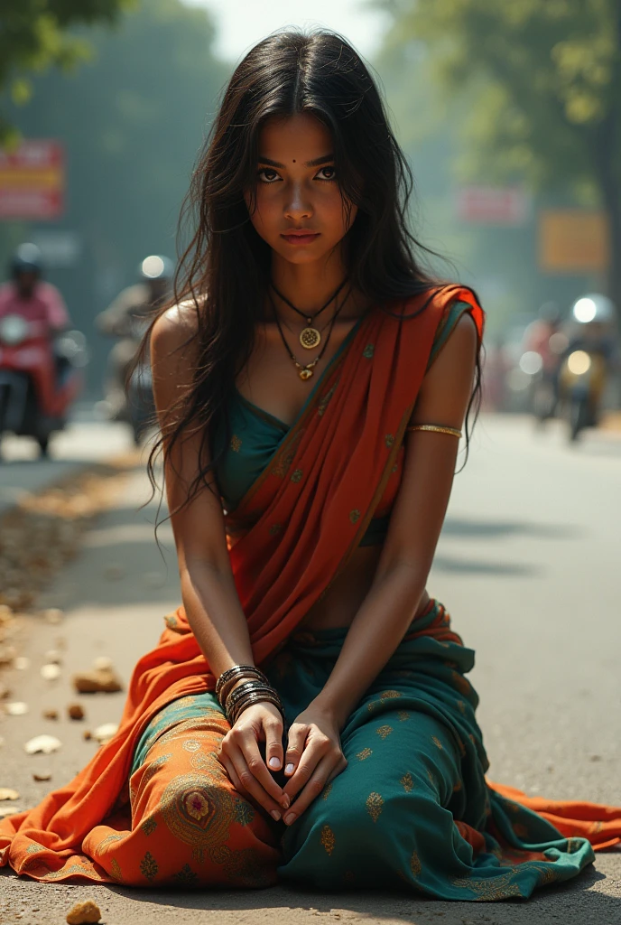 A begger beautiful girl with big brest, bagging on the road, wearing saree