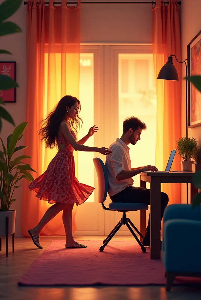 Room me speaker chl rhe h or ladki nach  rhi h or ladka laptop pr kam kr rha h
