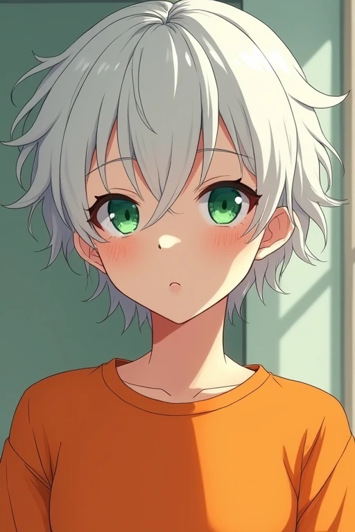 White hair, orange shirt, green eyes, anime