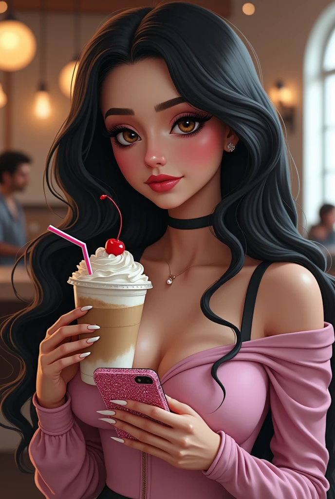 She is a high school student with long black hair and a gal-like personality from America.、The hair is neatly curled。She has an hourglass figure and a very large chest and butt.、The lines of the body are beautiful、I'm wearing stylish clothes。She looks like a foreign gal.。His eyes are sharp, but、No ear piercings。Makeup is flashy。Eyeshadow with cut crease、Beautiful cheekbones too。Her nails are just like a gal's!I have long nails like that.。It's quite long。About 10 centimeters。Long and beautiful hands。Smartphone in one handを持っていてスマホのカバーはピンクのラインストーン。Drinking a Frappuccino at the cafe。Smartphone in one hand、With a lot of whipped cream on one hand、It's a Frappuccino with a cherry on top.。Face facing the smartphone。Straight face。
Heavy makeup, High resolution, One person, Textured skin,Anatomically correct,