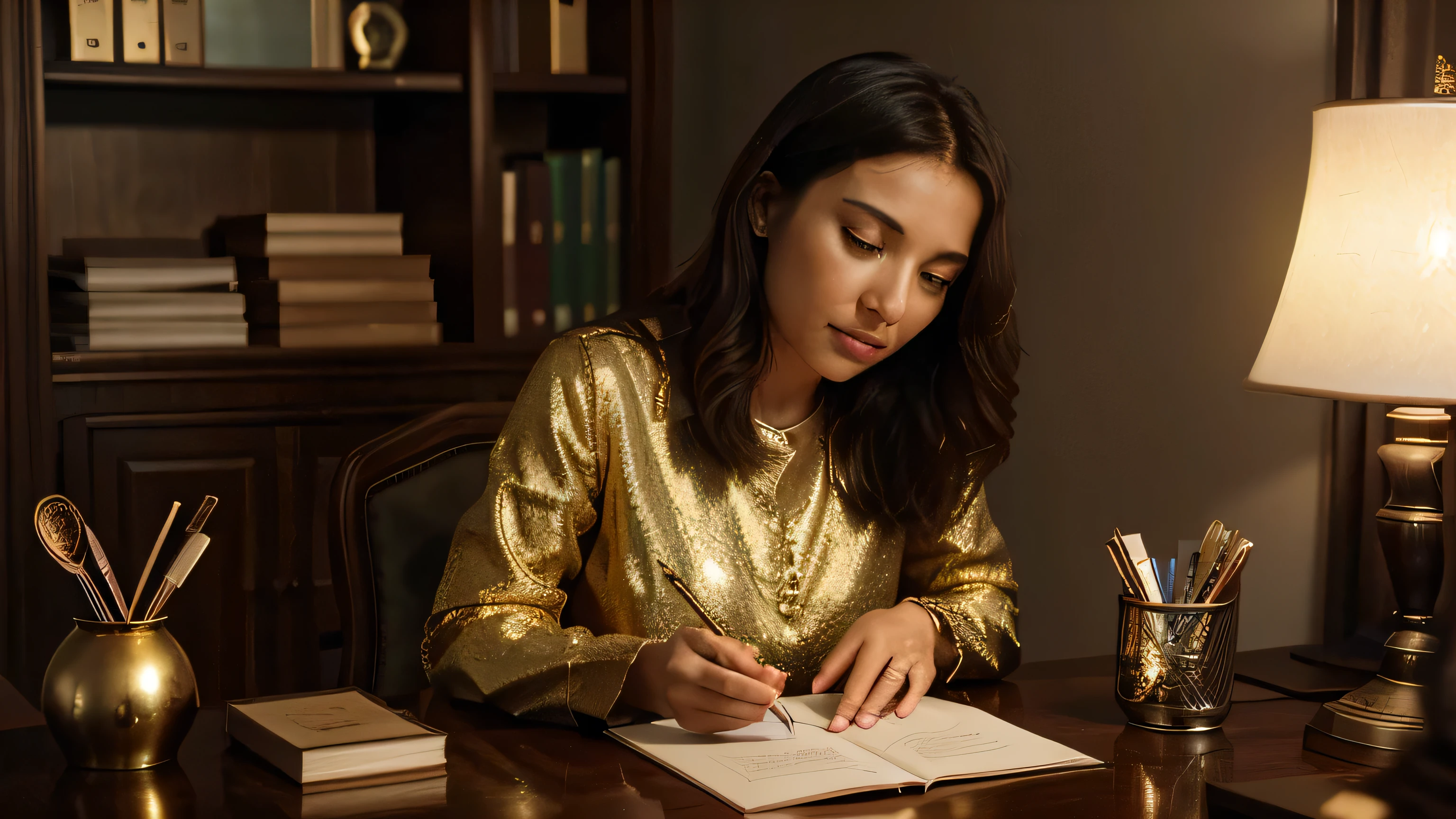  A single, detailed image capturing Professor Emma Lee's desk as she receives the gold-embossed invitation. The scene focuses on the desk with Emma’s hands visible, paused mid-action. The desk is cluttered with academic papers, textbooks, and a vintage inkwell. Among these, the invitation card stands out prominently. The card is elegantly designed, with intricate gold embossing and a beautifully scripted message: “You are cordially invited to deliver a lecture in Hall 13. — J.H.” The warm light from a desk lamp highlights the card, casting a gentle glow and making it the focal point of the scene. Emma’s focused expression and the contrast between the luxurious card and the scholarly clutter around it emphasize her intrigue and the sense of mystery.