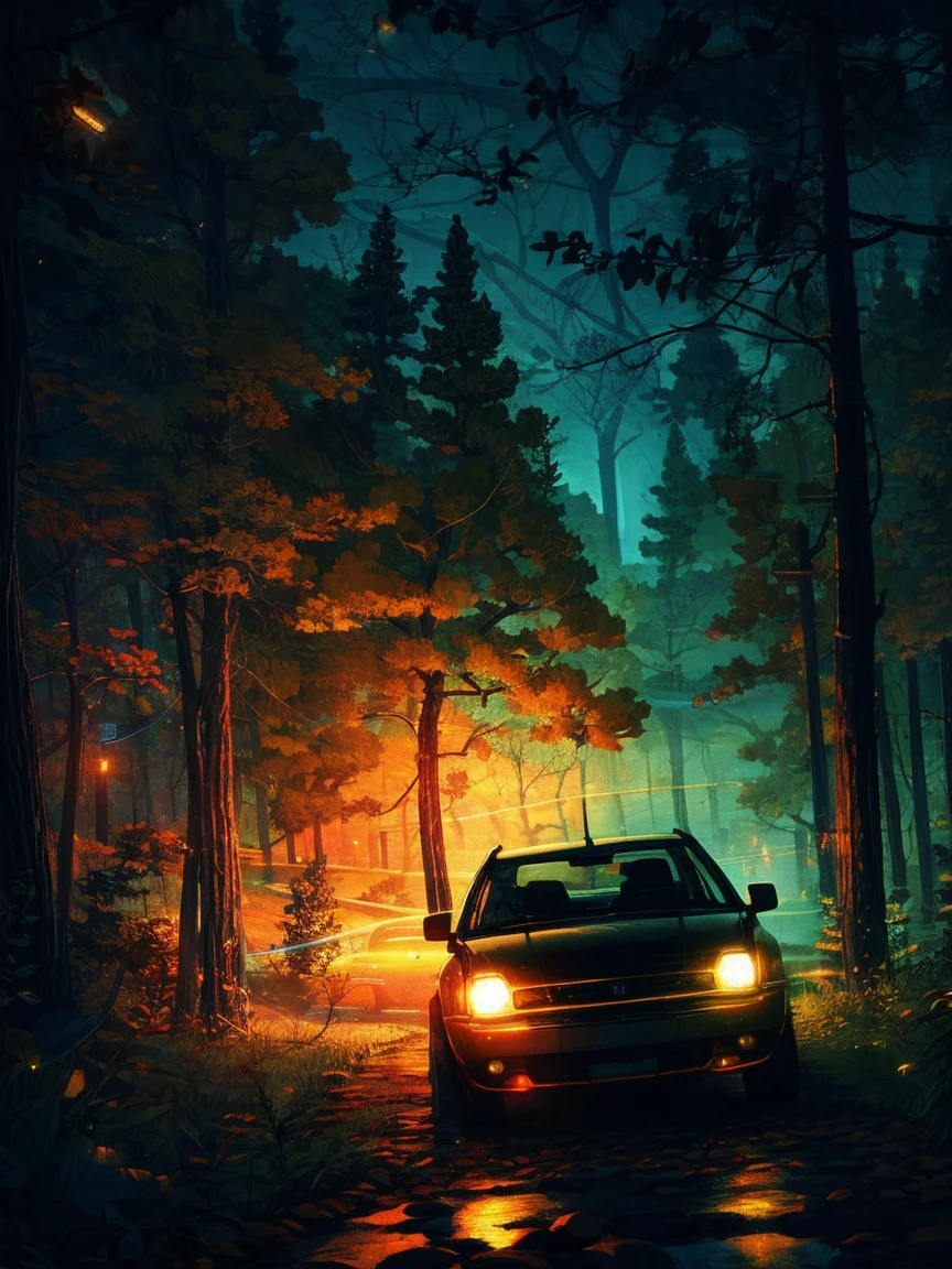 night scence, peaceful, tranquil. tree, car, firefly, light,
