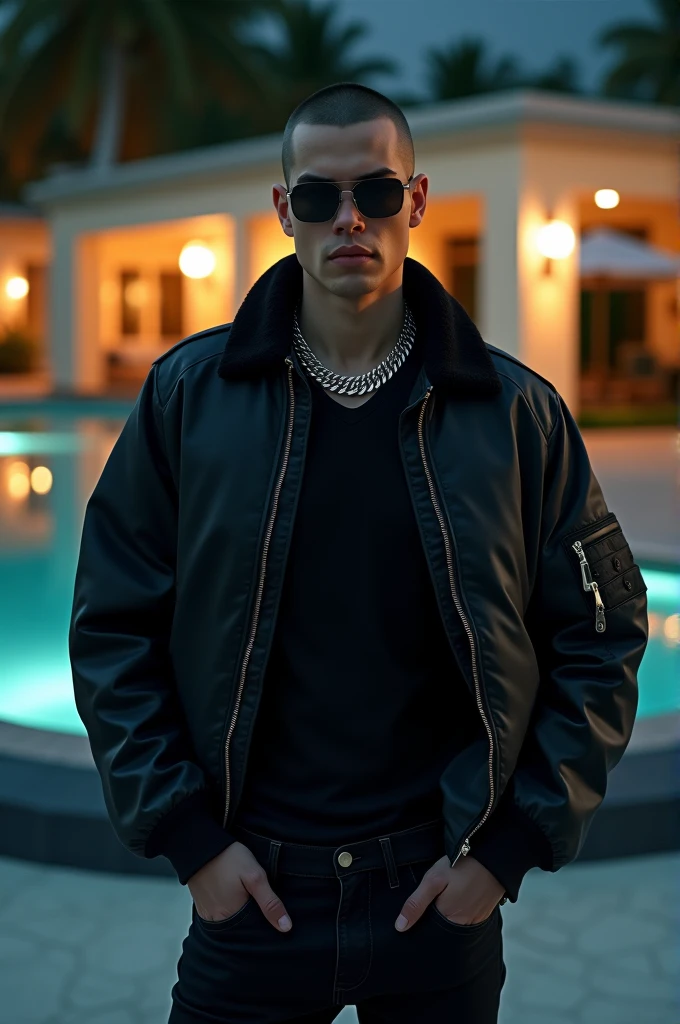 Men 2 white skin European 1.83 height 60kg very very short army hairstyle without beard bad boy confidence biggest gangster in town baby face wearing a black VERSACE bomber leather jacket black BOSS tshirt silver necklace without earrings black realistic DIESEL jeans cartier black small rectangle sunglases standing in front of his silver bmw m5 sedan parked in front of the rich italian style mansion with pool at Miami night