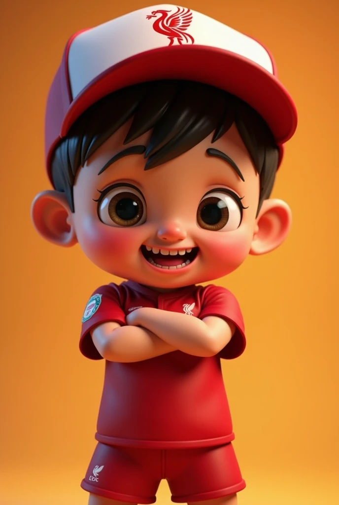 A cute manga cartoon character, small child, smiling wide with teeth showing, wearing a Liverpool cap, Liverpool shirt, standing with arms crossed, cold expression, detailed face, detailed clothing folds, dynamic pose, hyperrealistic, 8k, unreal engine, intricate details, warm lighting, vibrant colors