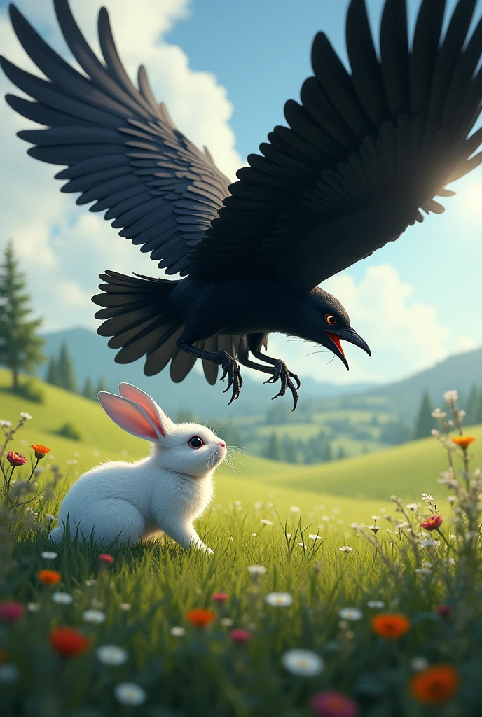 a black crow attacks the white rabbit in the field