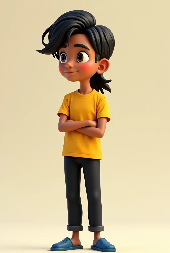 A boy with yellow shirt and black pant brown skin tone blue sleepers long hair oval face shape long fade adult look higth 5 feet 6 inches
