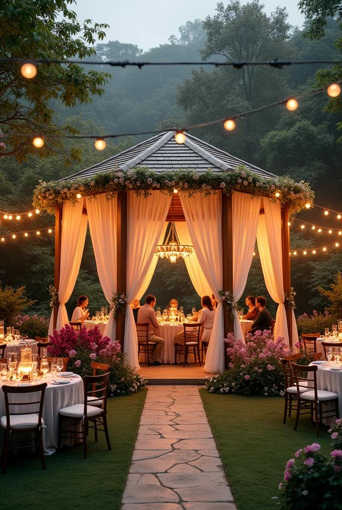 Create a party space with a large gazebo with voile lights and flowers. Chairs and tables scattered around and a table with barbecue and another table with sweets