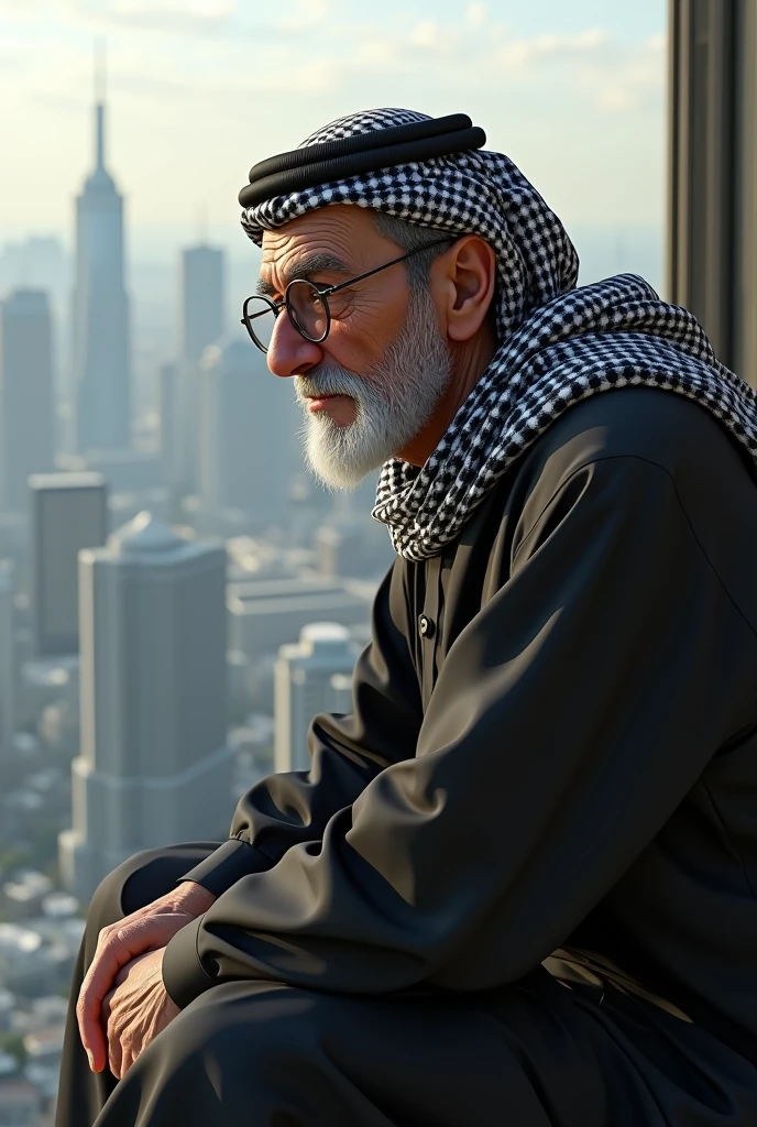 ultra-gloss 3D hyper-realistic, high detailed, image a grandfather with a wrinkled face scarred from acne scars and hair dyed black, slightly bald. wearing glasses and an Arabian kiffeyeh. Sitting on the edge of skycrapper.