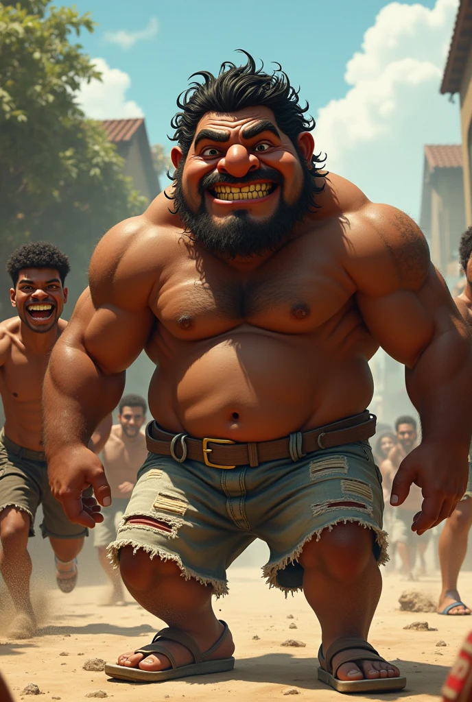 , fatter, curry hair, dark-skinned, large nose, big cheek, brown eye, yellow and broken tooth, with a small mouth, monocelha, wearing no shirt, with fart, and ripped shorts, playing with sweaty friends