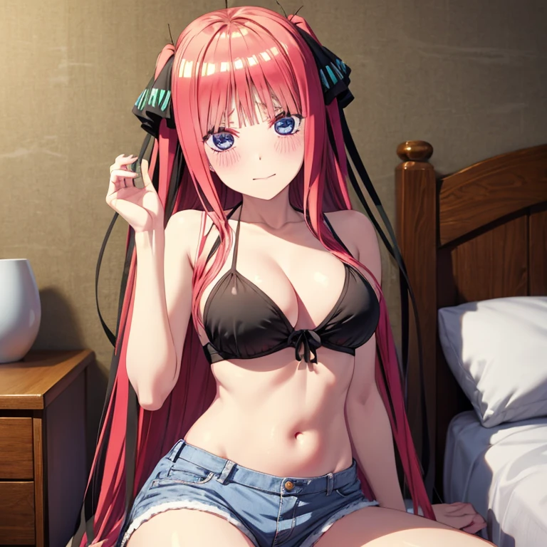 best quality, insanely detailed, nino nakano, breasts, blush, bedroom background, looking at viewer, cheerful eyes, arousal, bikini tops, shorts, crop top, tankini