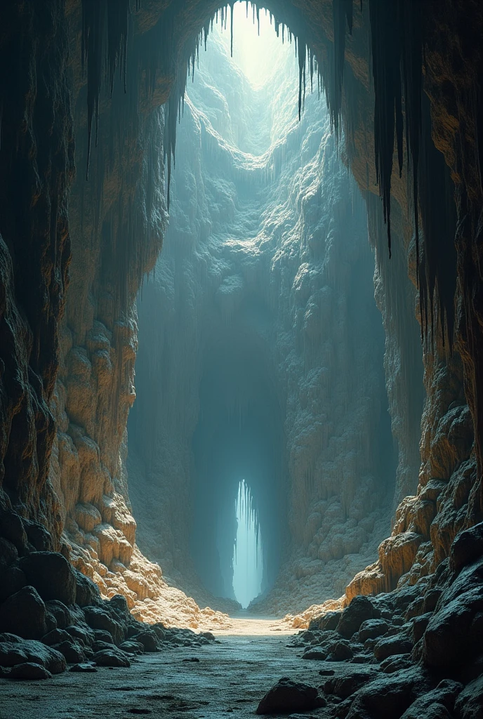 create a scene inside a large cave with no view to the outside, no people in the image