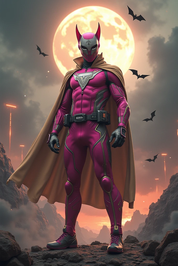 high-tech suit, vivid effects, malaysian superhero (KELUANG MAN) in a striking pink and beige costume cyberpunk design, mask small mini bat ear beige, daredevil biage mask, jumpsuit dark pink stands confidently in a dramatic, stormy landscape. ((Head covered node guard like batman , athletic body type, small mini ear bat mask))The character wears domino mask a helmet with pointed mini torn ears and a flowing cape biege, open nose and mouth. Equipped with visible futuristic weapons on a belt,bullet proof jacket pink dark day, dark night, big supermoon effect .logo on chest triangle shape small punisher logo center triangle cyber logo center on chest pink logo mini logo . rocky. Building top.smoke ground , bomb effect background, adding to --ar 3:4 --style raw --stylize 500 --v 6.1. chaos. Lot of small flying bat .