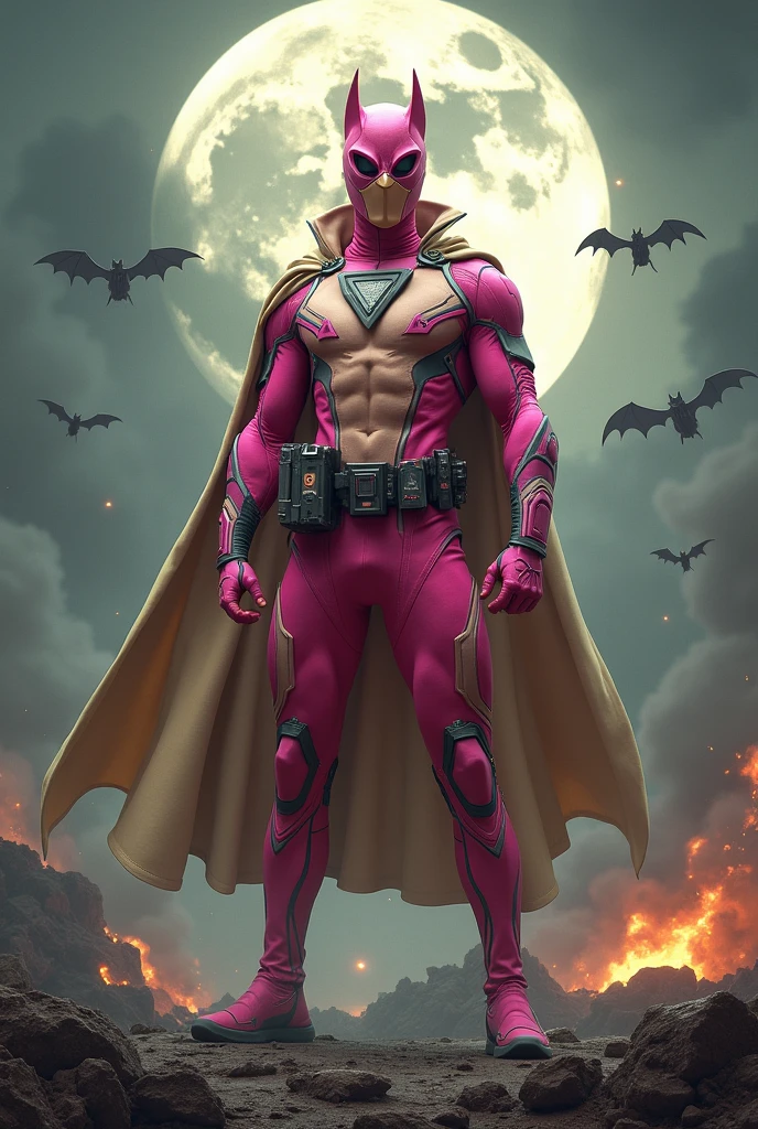 high-tech suit, vivid effects, malaysian superhero (KELUANG MAN) in a striking pink and beige costume cyberpunk design, mask small mini bat ear beige, daredevil biage mask, jumpsuit dark pink stands confidently in a dramatic, stormy landscape. ((Head covered node guard like batman , athletic body type, small mini ear bat mask))The character wears domino mask a helmet with pointed mini torn ears and a flowing cape biege, open nose and mouth. Equipped with visible futuristic weapons on a belt,bullet proof jacket pink dark day, dark night, big supermoon effect .logo on chest triangle shape small punisher logo center triangle cyber logo center on chest pink logo mini logo . rocky. Building top.smoke ground , bomb effect background, adding to --ar 3:4 --style raw --stylize 500 --v 6.1. chaos. Lot of small flying bat .