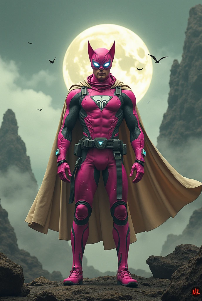 high-tech suit, vivid effects, malaysian superhero (KELUANG MAN) in a striking pink and beige costume cyberpunk design, mask small mini bat ear beige, daredevil biage mask, jumpsuit dark pink stands confidently in a dramatic, stormy landscape. ((Head covered node guard like batman , athletic body type, small mini ear bat mask))The character wears domino mask a helmet with pointed mini torn ears and a flowing cape biege, open nose and mouth. Equipped with visible futuristic weapons on a belt,bullet proof jacket pink dark day, dark night, big supermoon effect .logo on chest triangle shape small punisher logo center triangle cyber logo center on chest pink logo mini logo . rocky. Building top.smoke ground , bomb effect background, adding to --ar 3:4 --style raw --stylize 500 --v 6.1. chaos. Lot of small flying bat .