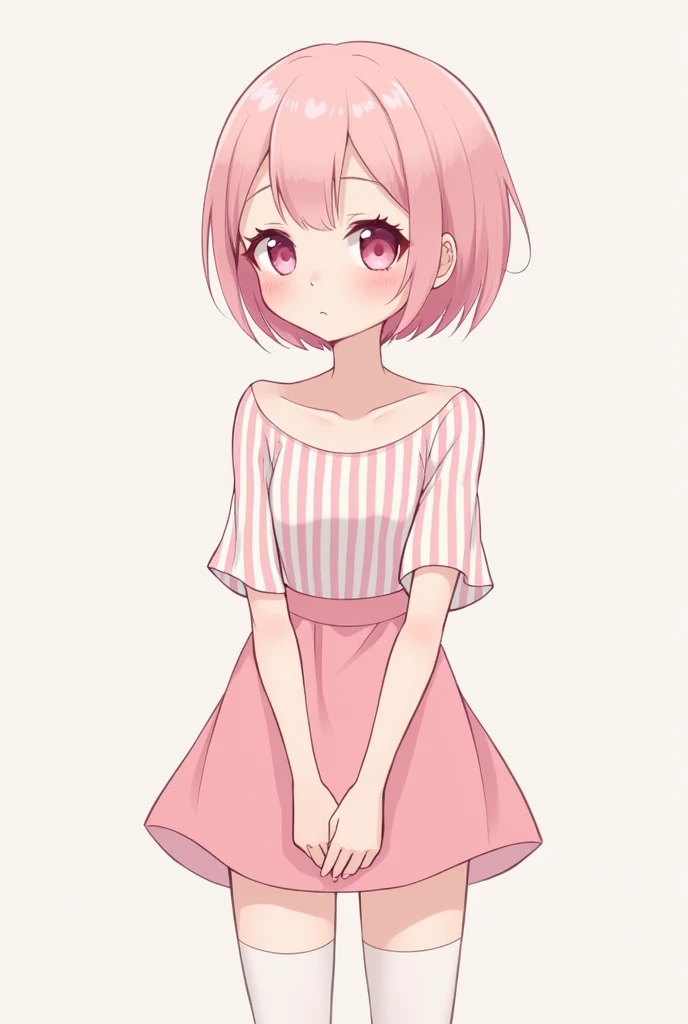 make a thin anime style boy, tender and sweet expression, short pink hair, light and white skin, pink eyes, delicate features, pink cheeks and lips, shoulders, arms, small torso and waist and thin, pink dress, short short, striped shirt with pink and white stripes, white thigh high stockings
