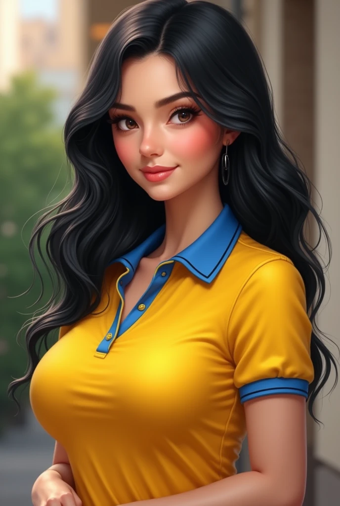 Make a  white woman yellow polo shirt with blue collar. long black  hair. delicious, large body, big breasts small eyes 