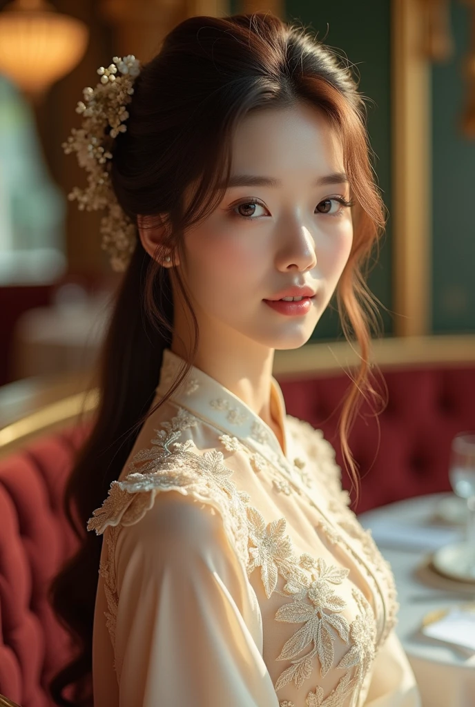 Create a Korean woman with long brown hair wearing a fine and elegant outfit in a refined restaurant with gold details