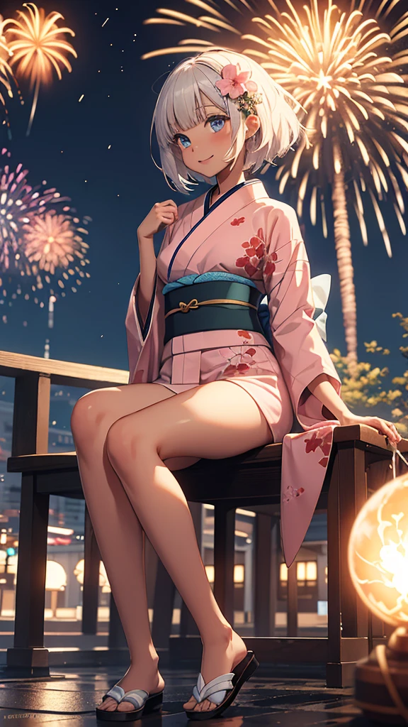 Highest quality、masterpiece、from the front、full body, Sitting on a bench、night空の花火を見上げる、looking sky, a girl、spread legs, panty shot, from below, 独奏, Beautiful silver hair、((((Very short hair))))、Blue eyes、(hair band)、((Blunt bangs)), ((Medium Chest)), 24-years-old, (tsurime), Tight waist, slender、Anime Style、Natural smile、Very cute face、 sexy pose, bewitching pose, Cute pose、night、Fireworks display、大きくてカラフルな花火がnight空に上がる、A large number of people、Japan Shrine Festival、((A colorful pink kimono))、Long flower hair ornament、Shallow depth of field,