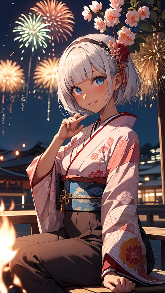 Highest quality、masterpiece、from the front、full body,  Sitting on a bench、night空の花火を見上げる、looking sky, a girl、spread legs, panty shot, from below, 独奏, Beautiful silver hair、((((Very short hair))))、Blue eyes、(hair band)、((Blunt bangs)), ((Medium Chest)), 24-years-old, (tsurime), Tight waist, slender、Anime Style、Natural smile、Very cute face、 sexy pose, bewitching pose, Cute pose、night、Fireworks display、大きくてカラフルな花火がnight空に上がる、A large number of people、Japan Shrine Festival、((A colorful pink kimono))、Long flower hair ornament、Shallow depth of field, 