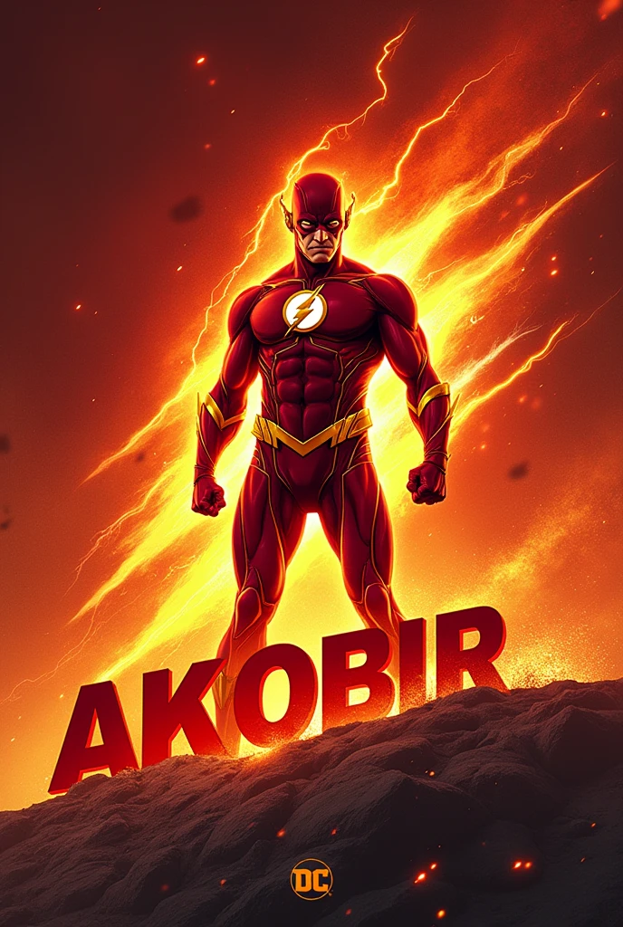The name Akobir, in block letters, in front of the flash hero