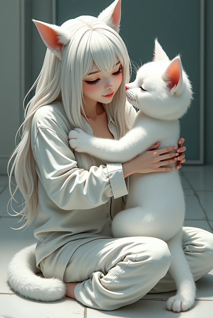 A sleeping Asian woman, 25 years old, realistic, she wears pink 7-point shorts, white t-shirt, white hair. High detail, high resolution. Sleep with puppy in your arms, white skin, hold puppies, hold puppies