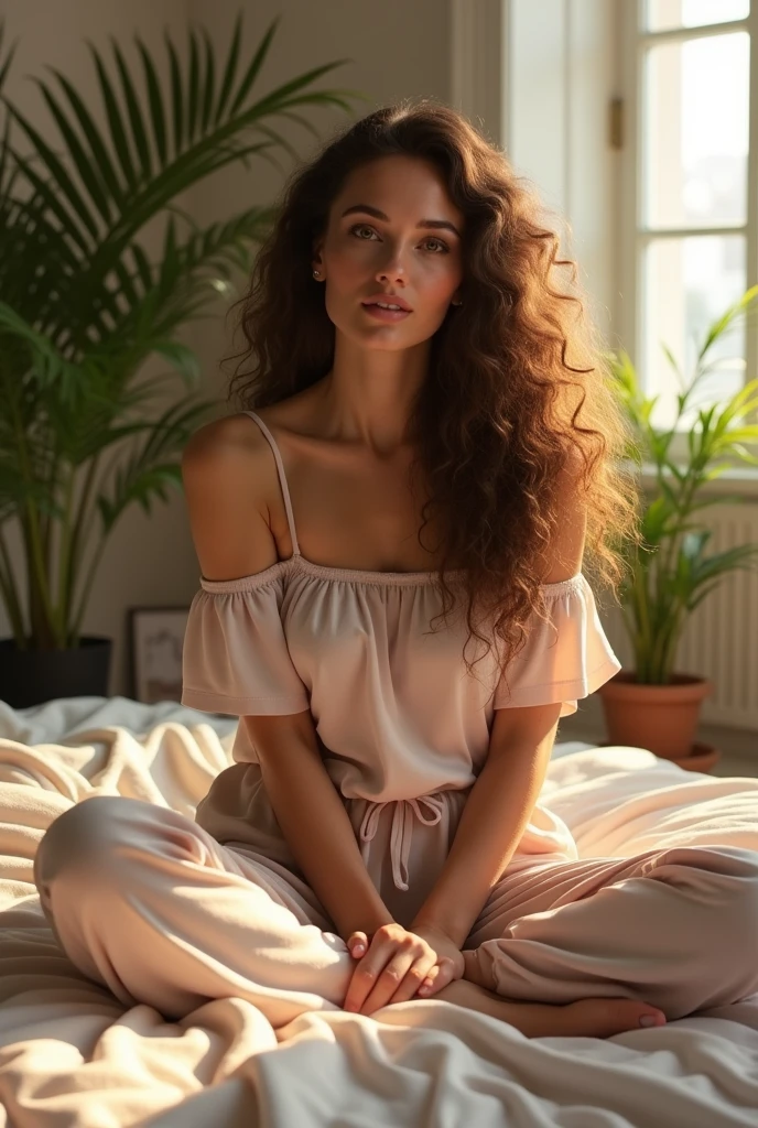(photorealism:1.2), beautiful woman, sitting on bed, wearing loose off-shoulder top, pajama pants, long curly hair, indoors, soft lighting, plants in background, window with sunlight, cozy room, relaxed pose, realistic, intricate details, warm colors, by Greg Rutkowski, by Alphonse Mucha