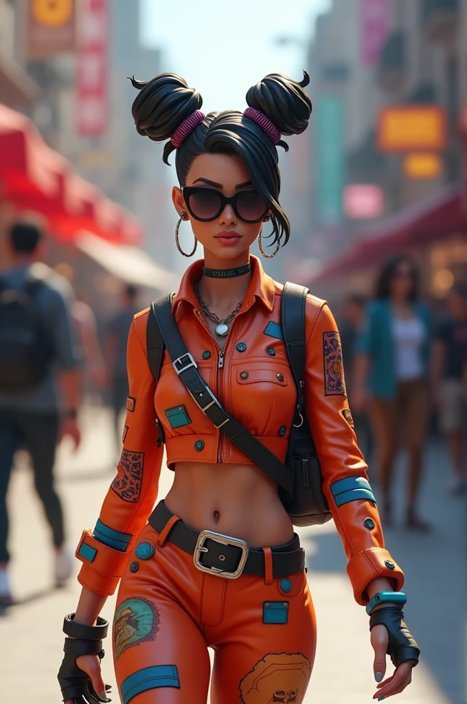 Short woman, fea, with dark glasses, dressed as Karol G's avatar in Fortnite, being believed and walking around